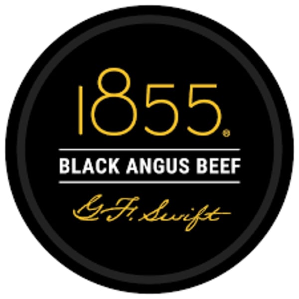 Black circular logo with "1855 Black Angus Beef" and "G.F. Swift" in gold lettering.
